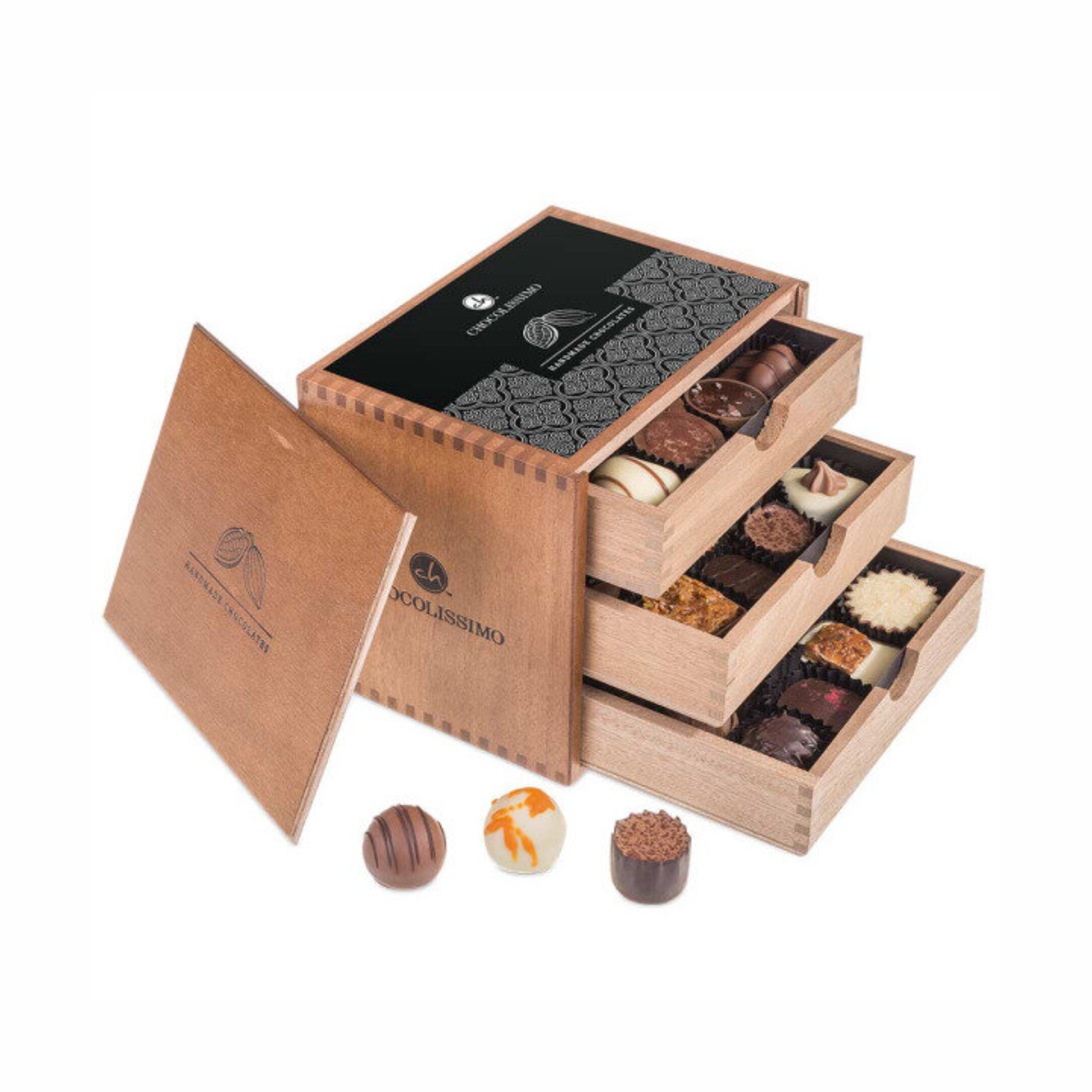 pralines set handmade african wood box 30 pcs with logo