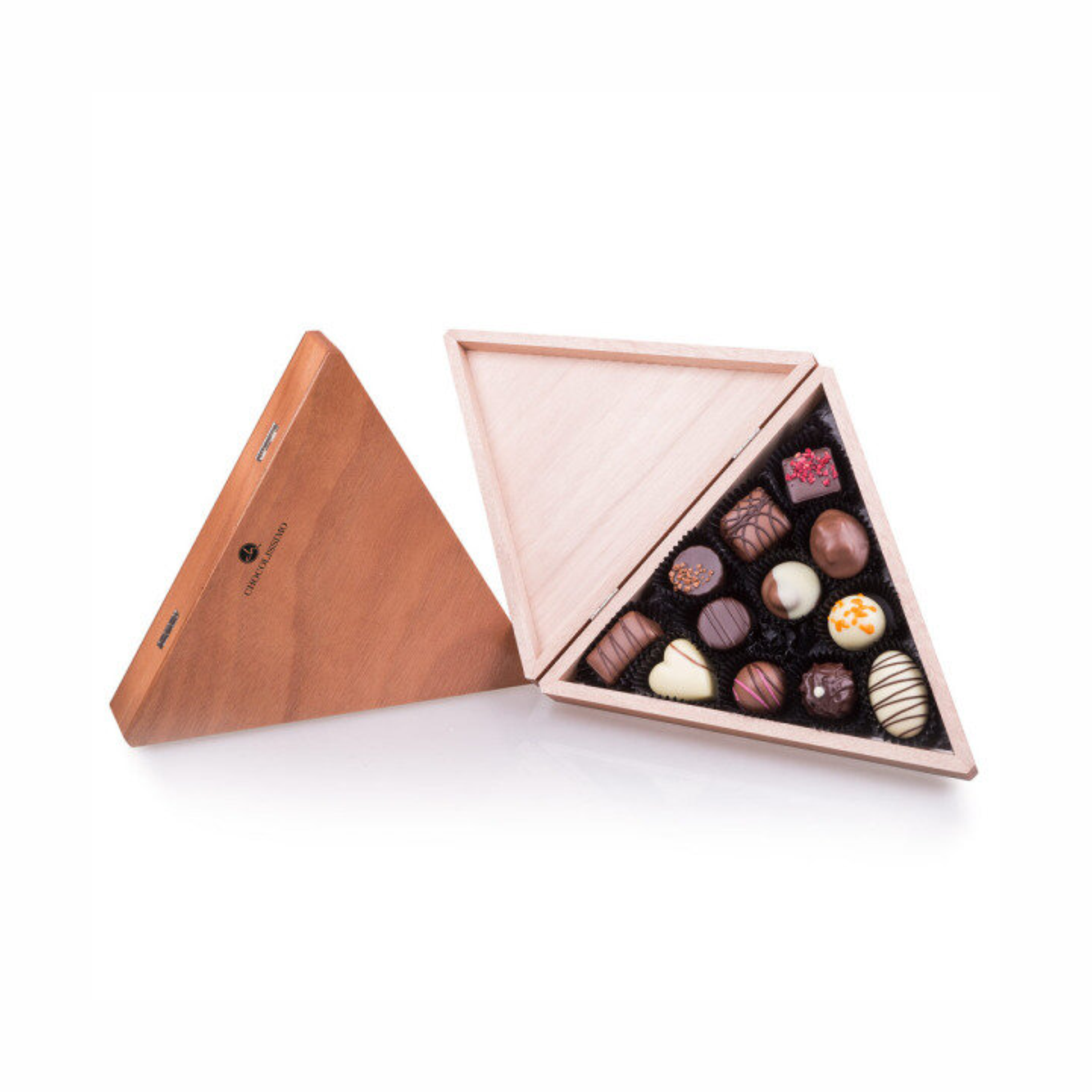 pralines set handmade triangle wooden box 12 pcs with logo