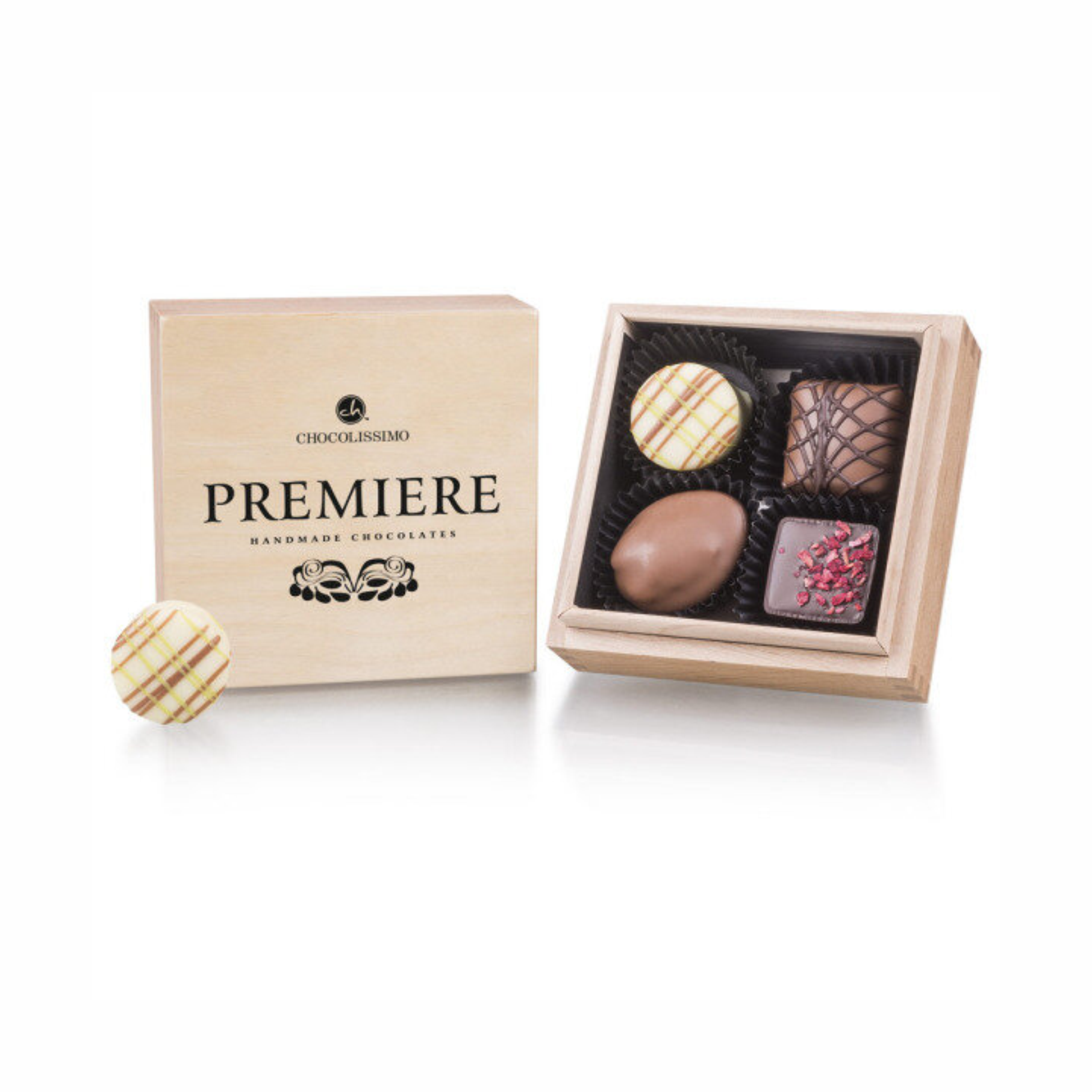 pralines set handmade wooden box 4 pcs with logo