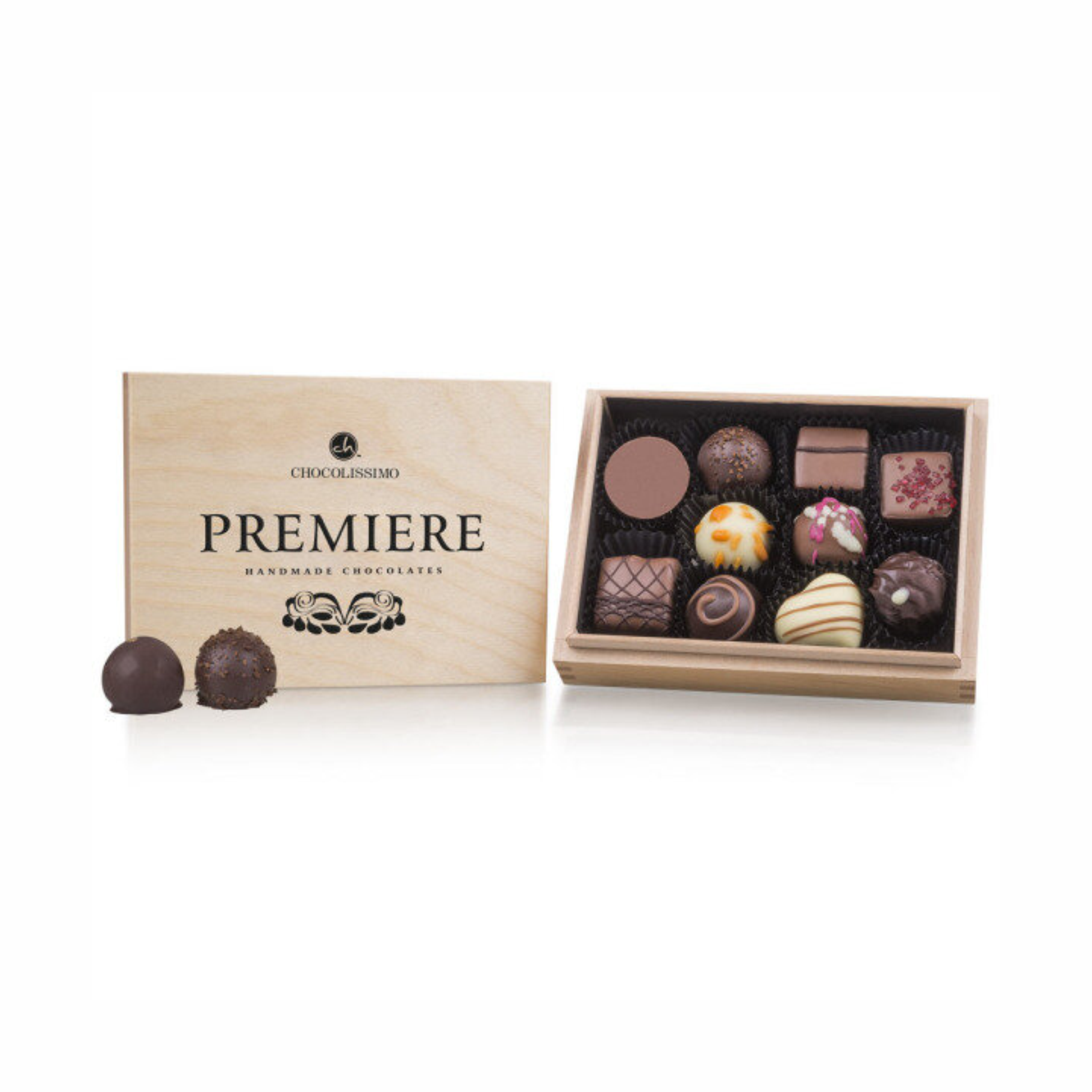 pralines set handmade wooden box 10 pcs with logo