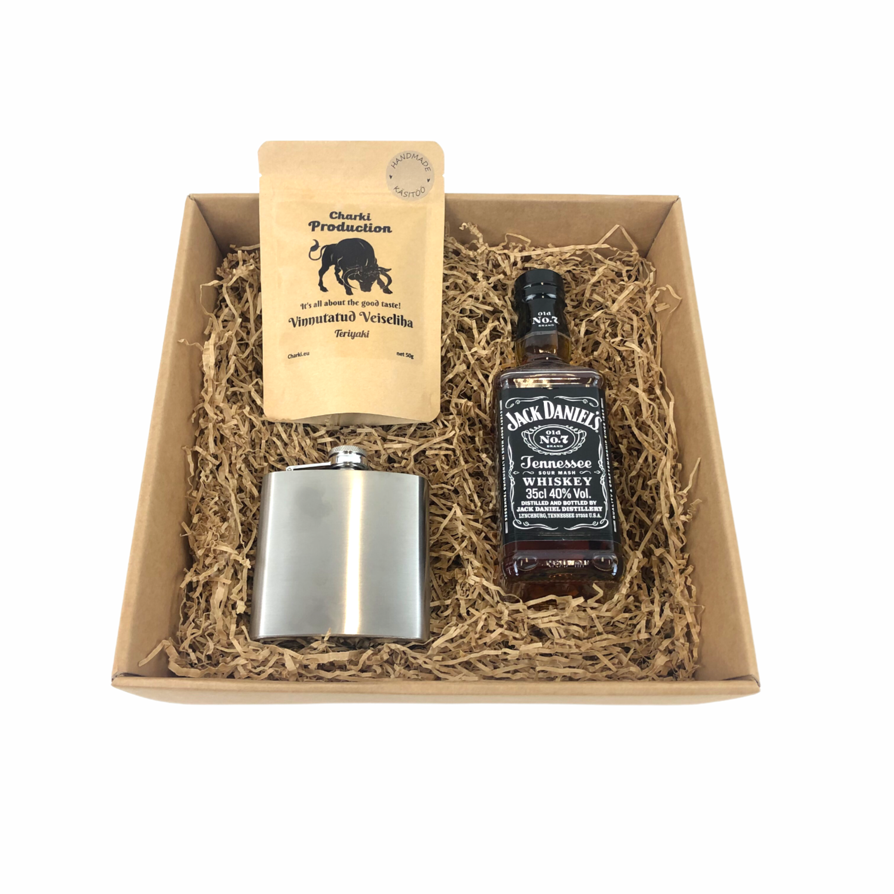 gift box - flask, jerky & jack with logo