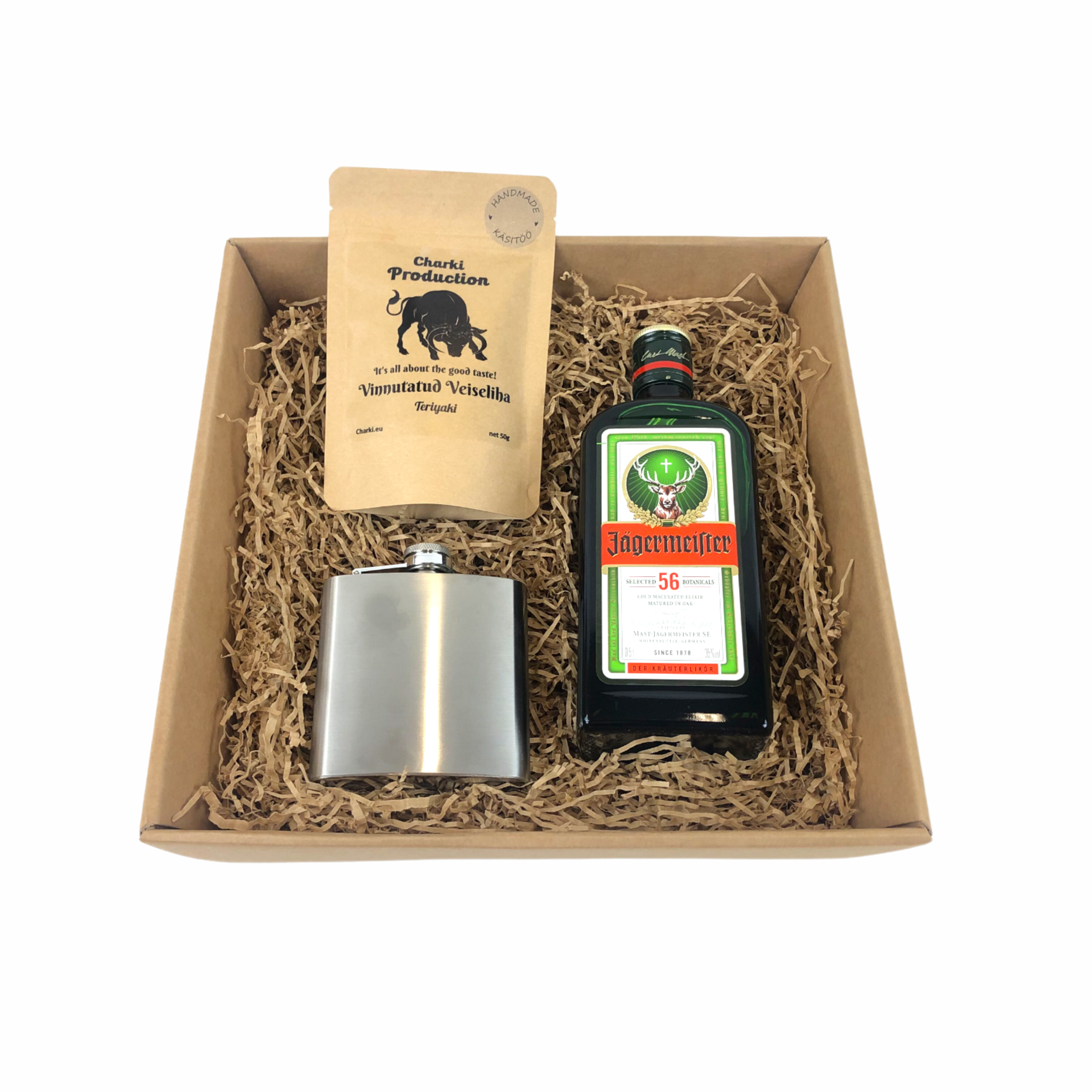 gift box - flask, jerky & jägermeister with logo