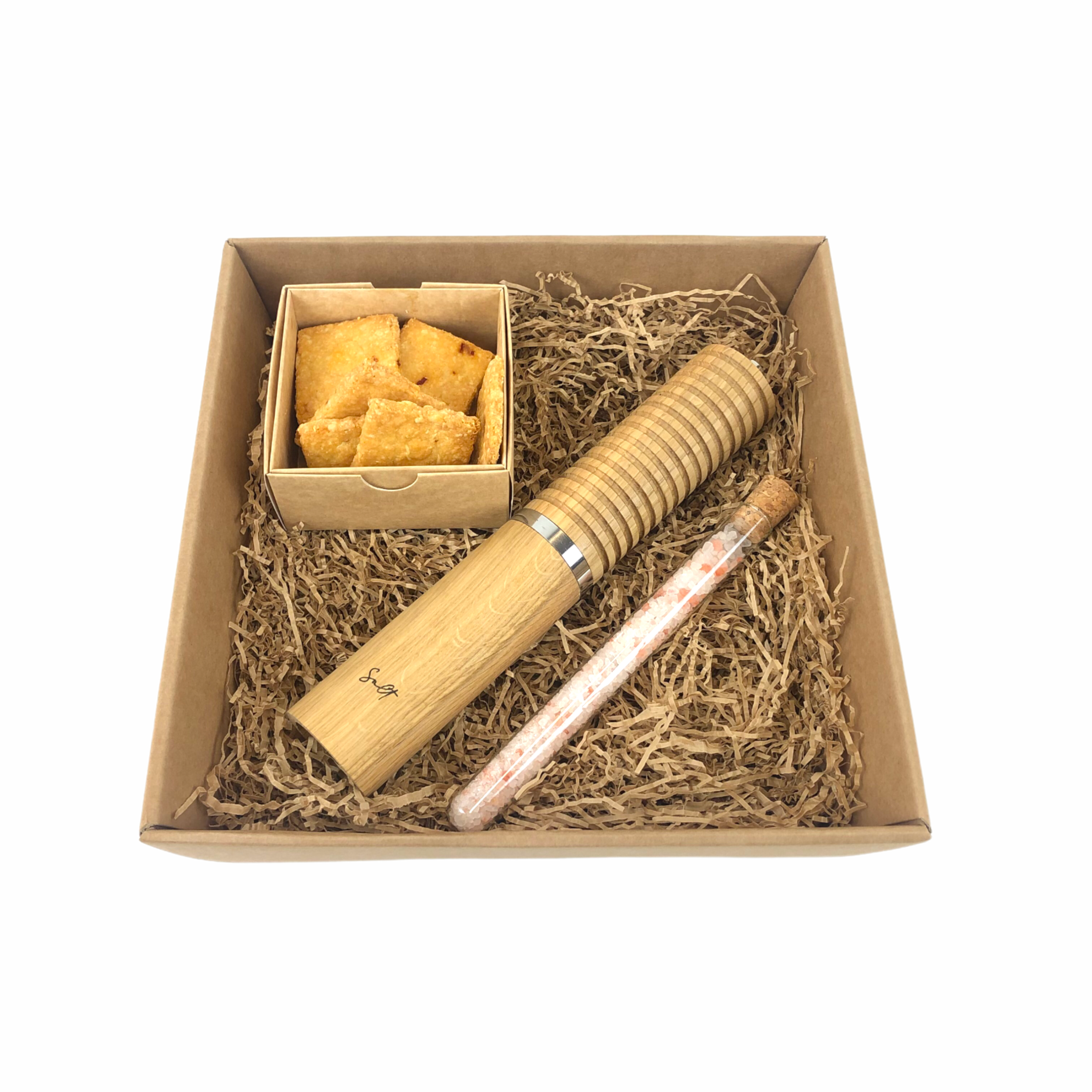 gift set salt mill and cheddar chilli cookies with logo