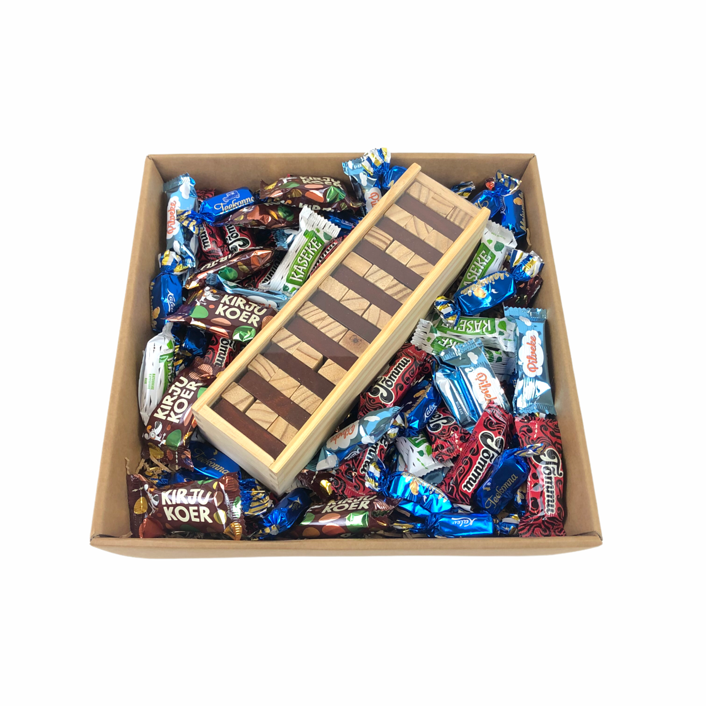 gift set kalev candies and jenga with logo