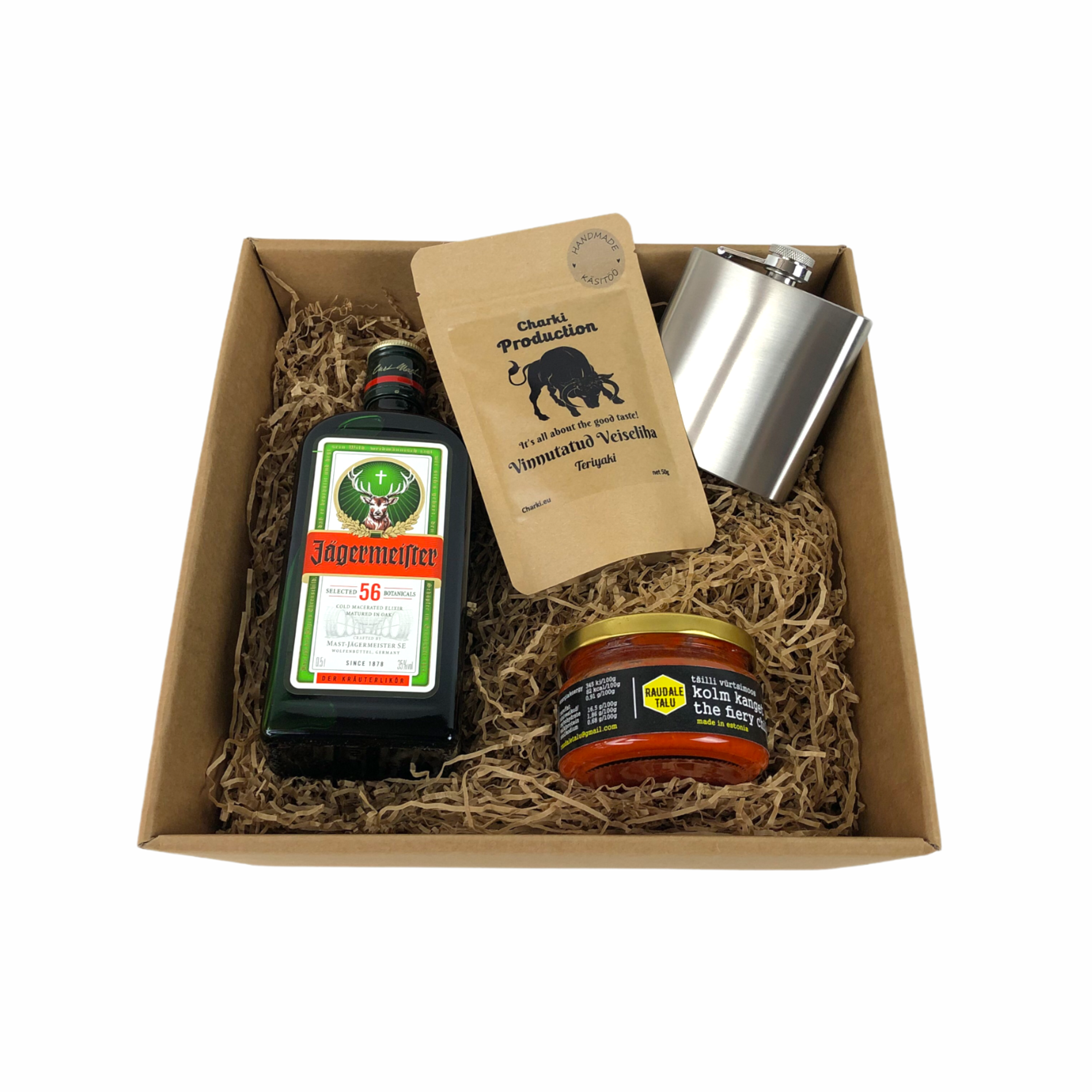 gift set flask jerky chilli jam and jägermeister with logo