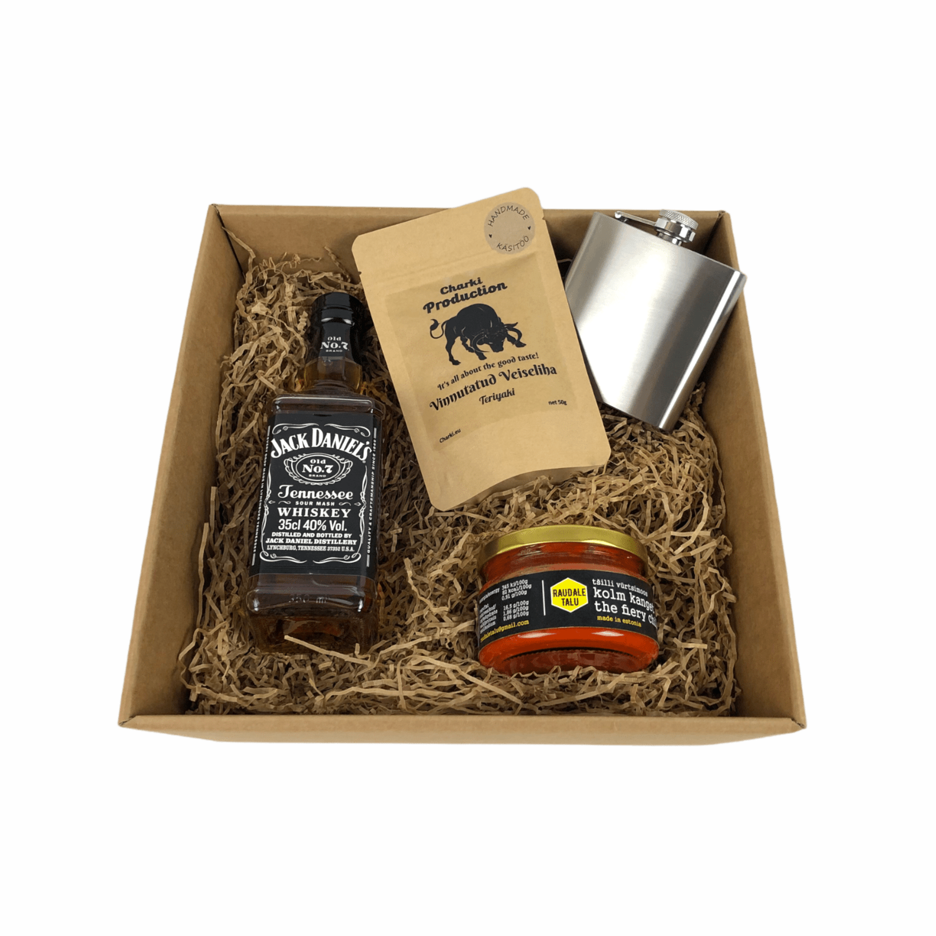 gift box - flask, jerky, chilli jam & jack with logo