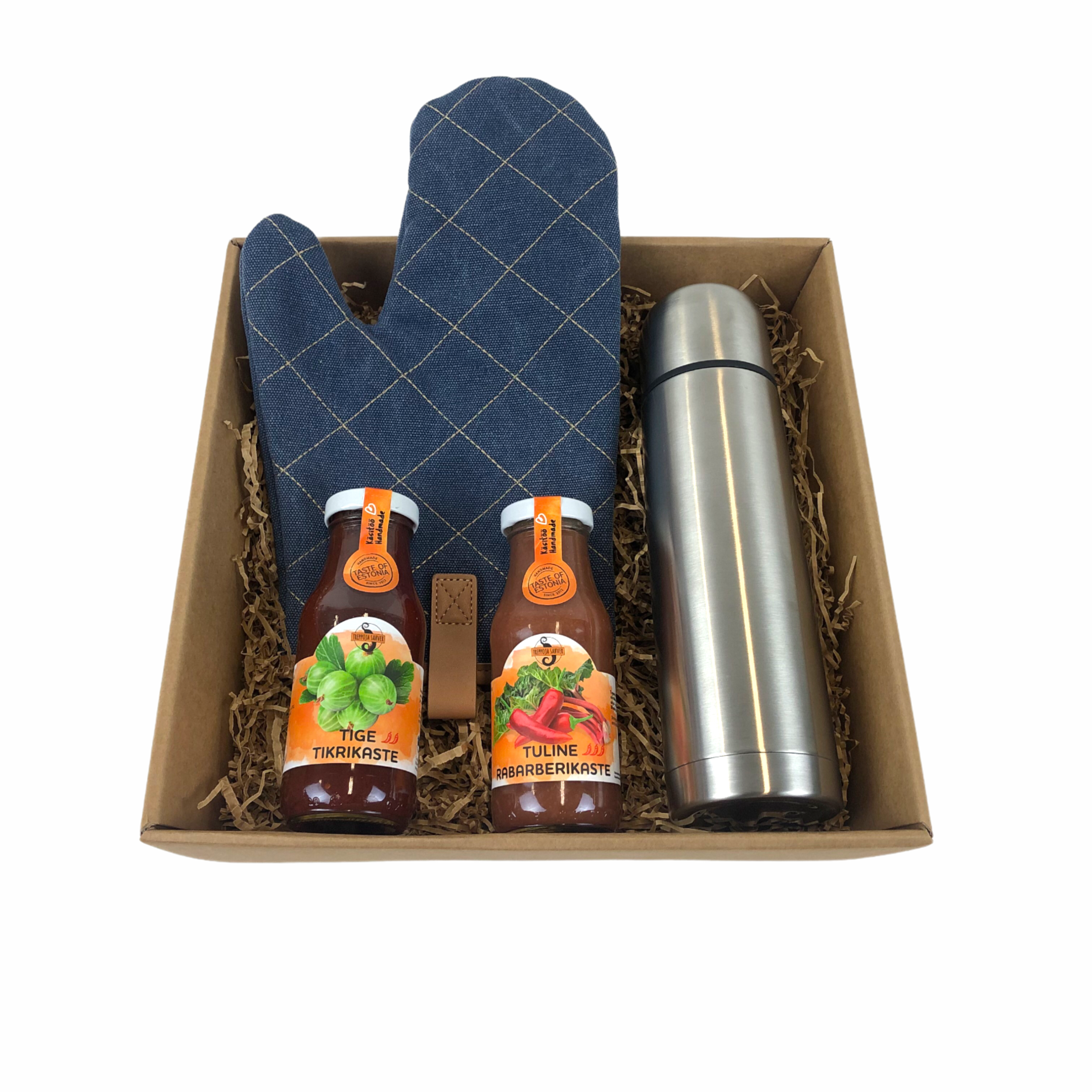 gift set thermos and oven mitt with logo