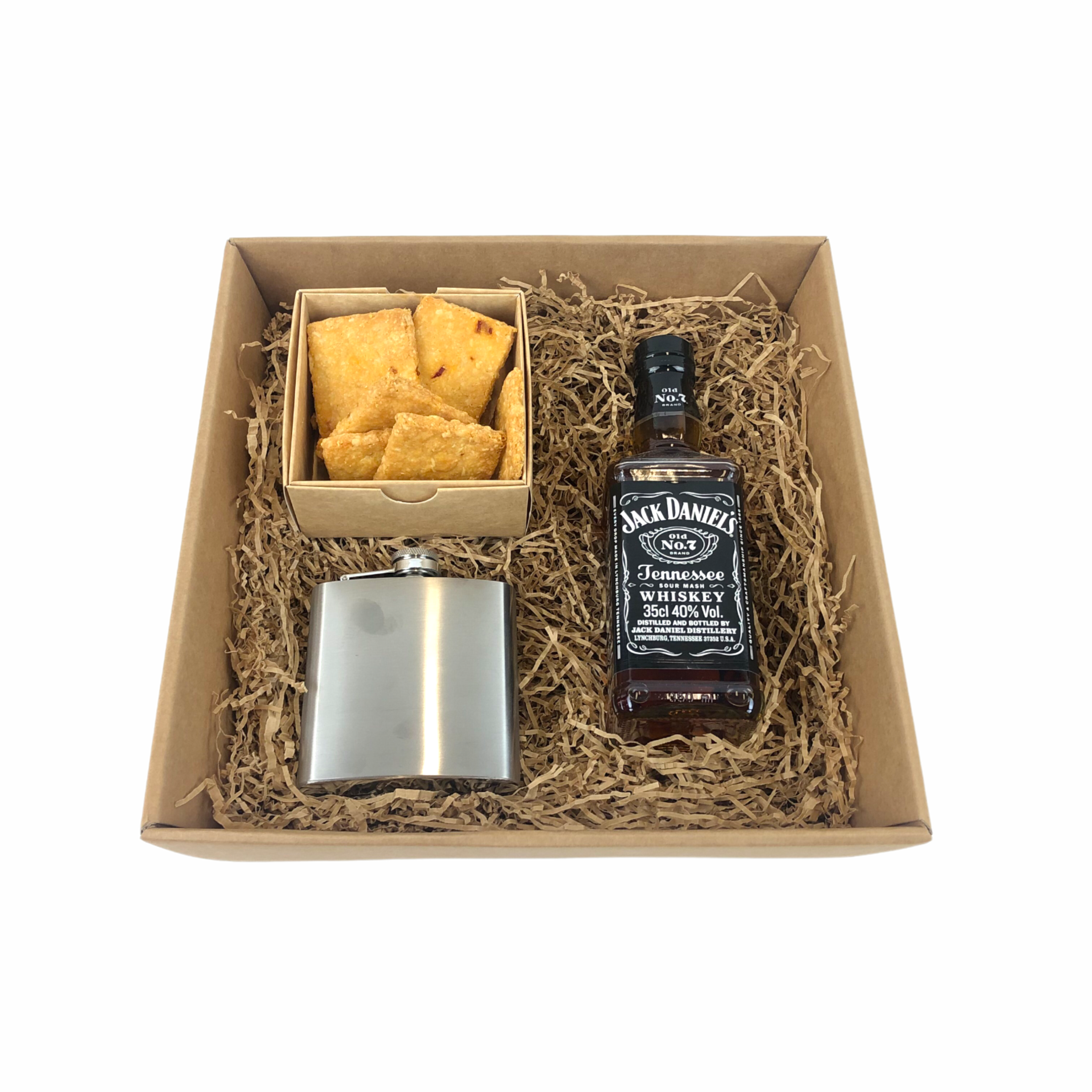 gift set flask jack and cheddar chilli cookies with logo