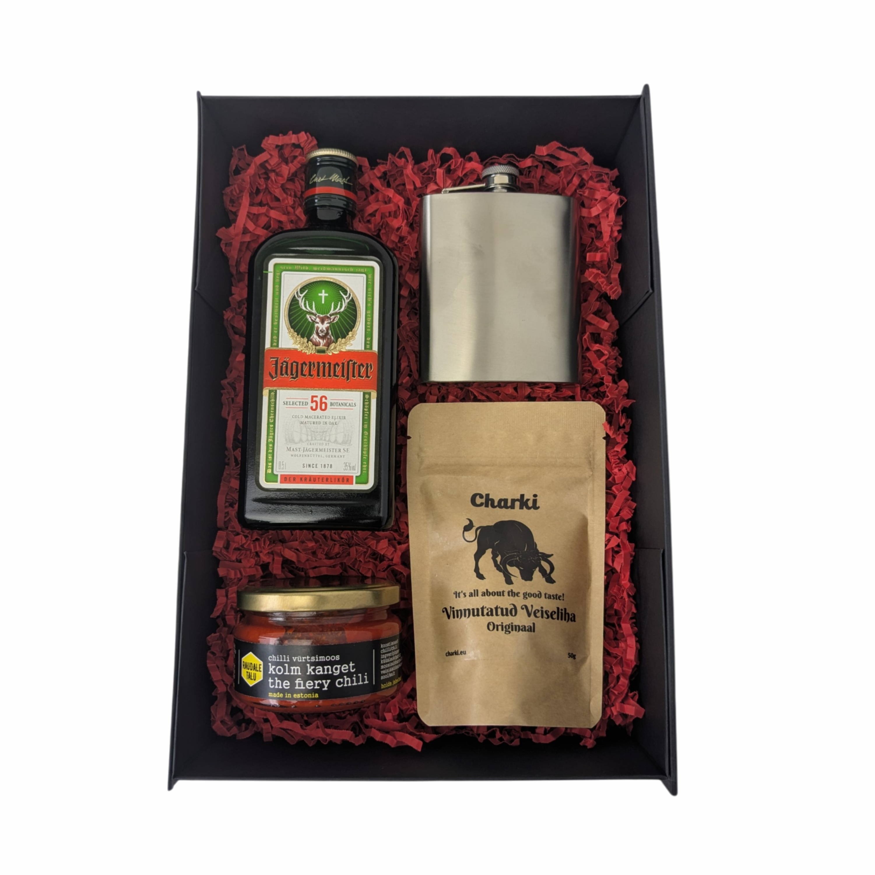 kinkekomplekt plasku, vinnutatud liha, tšillimoos ja jägermeister with logo