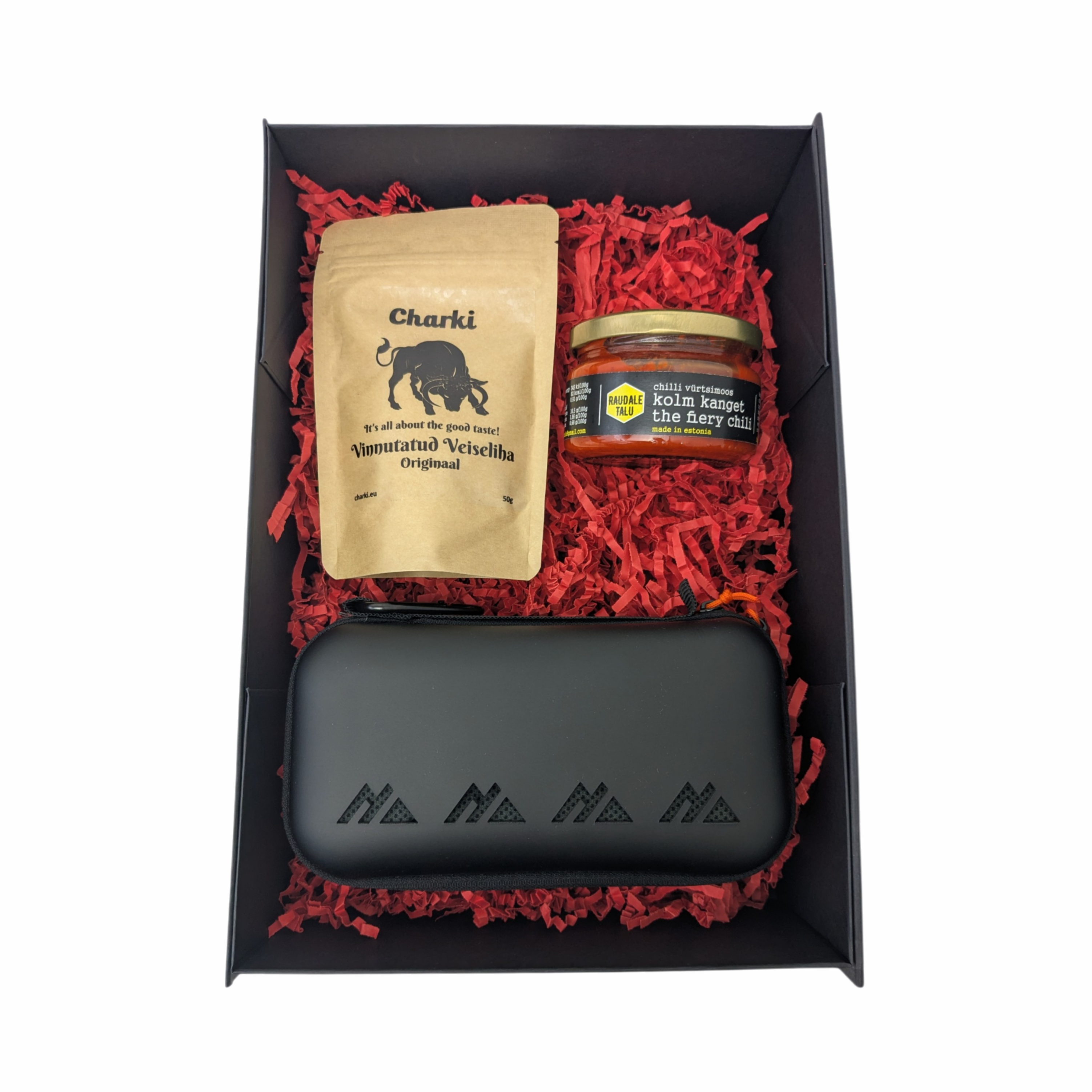 kinkekomplekt plasku, vinnutatud liha, tšillimoos ja rätik with logo