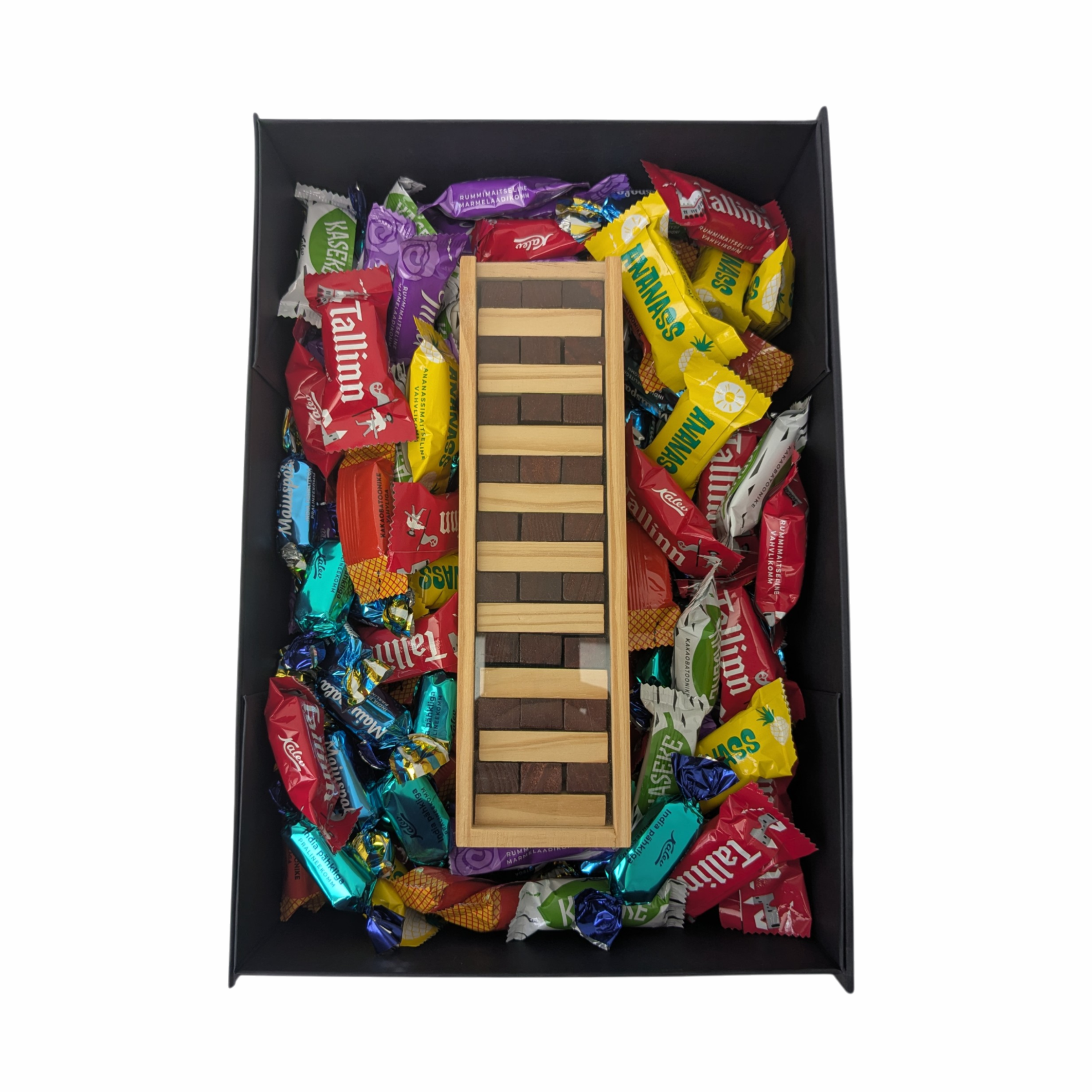 kinkekomplekt kalevi kommid ja jenga with logo