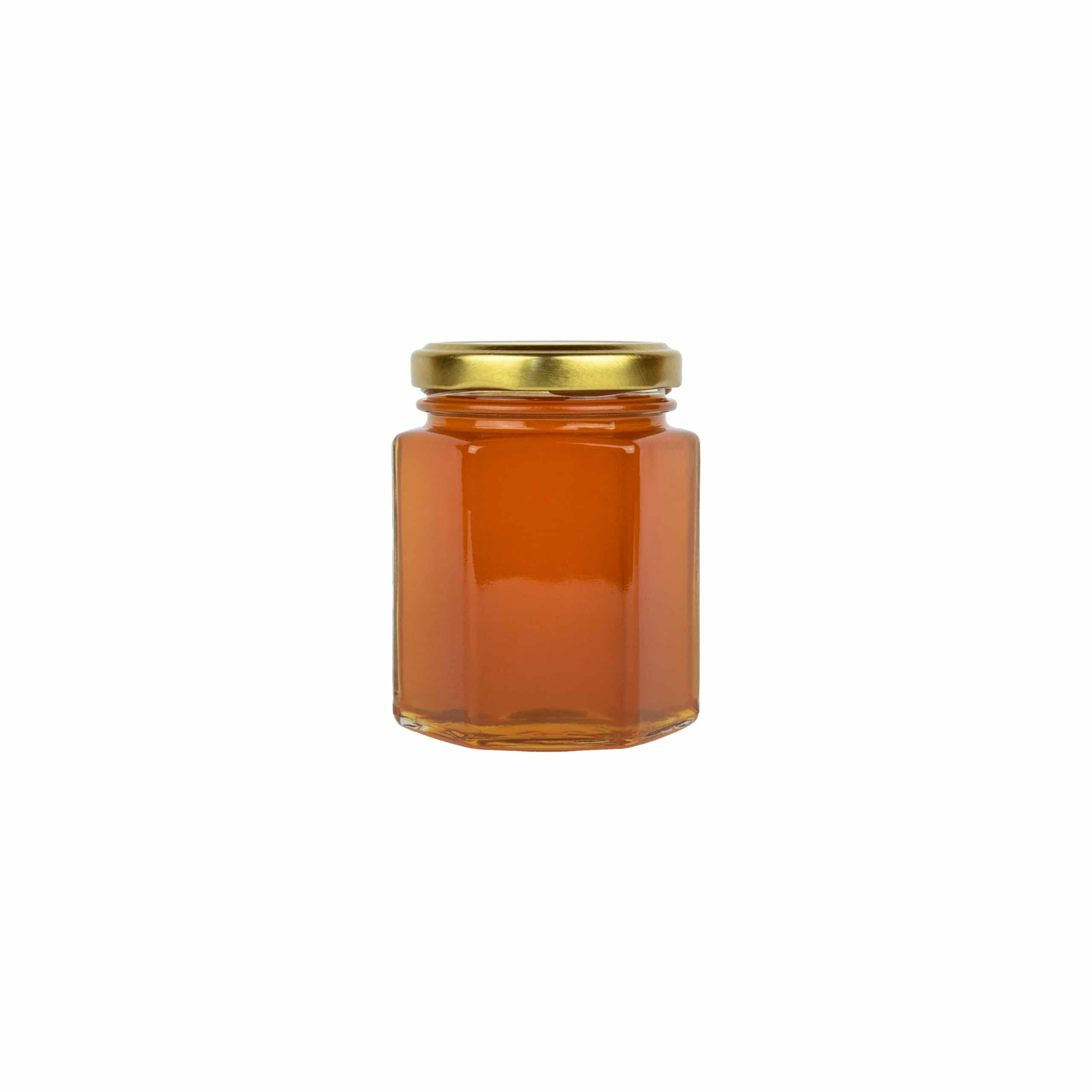 honey in a hexagonal jar 250 g with logo