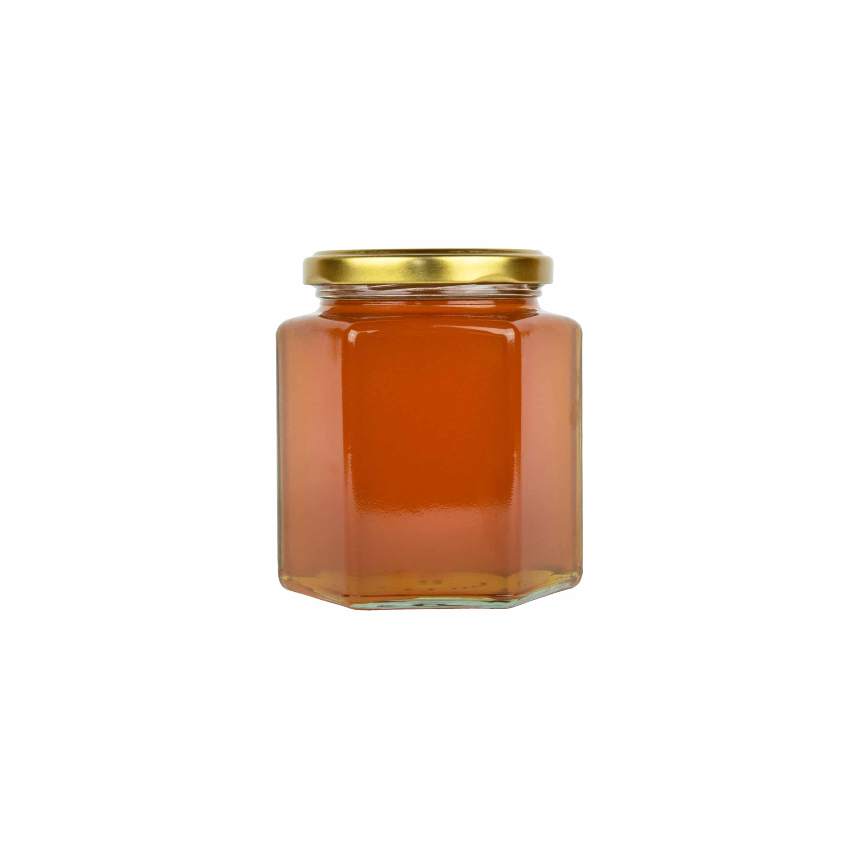 honey in a hexagonal jar 500g with logo