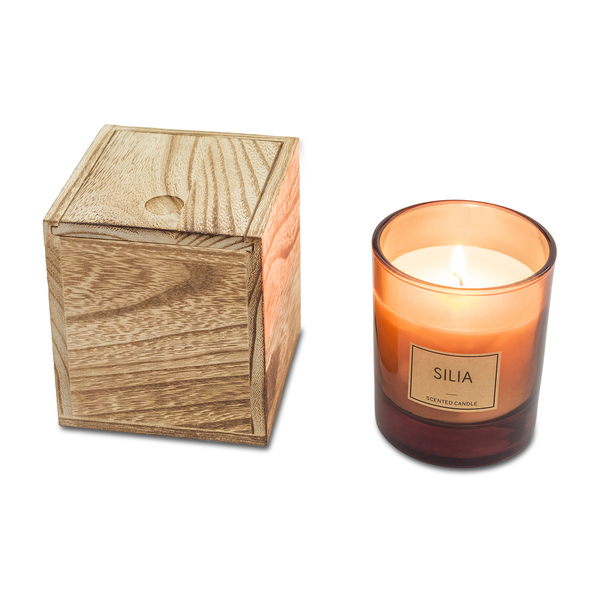scented candle in wooden box silia with logo
