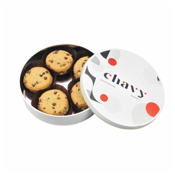 cookies with chocolate in a metal box with logo