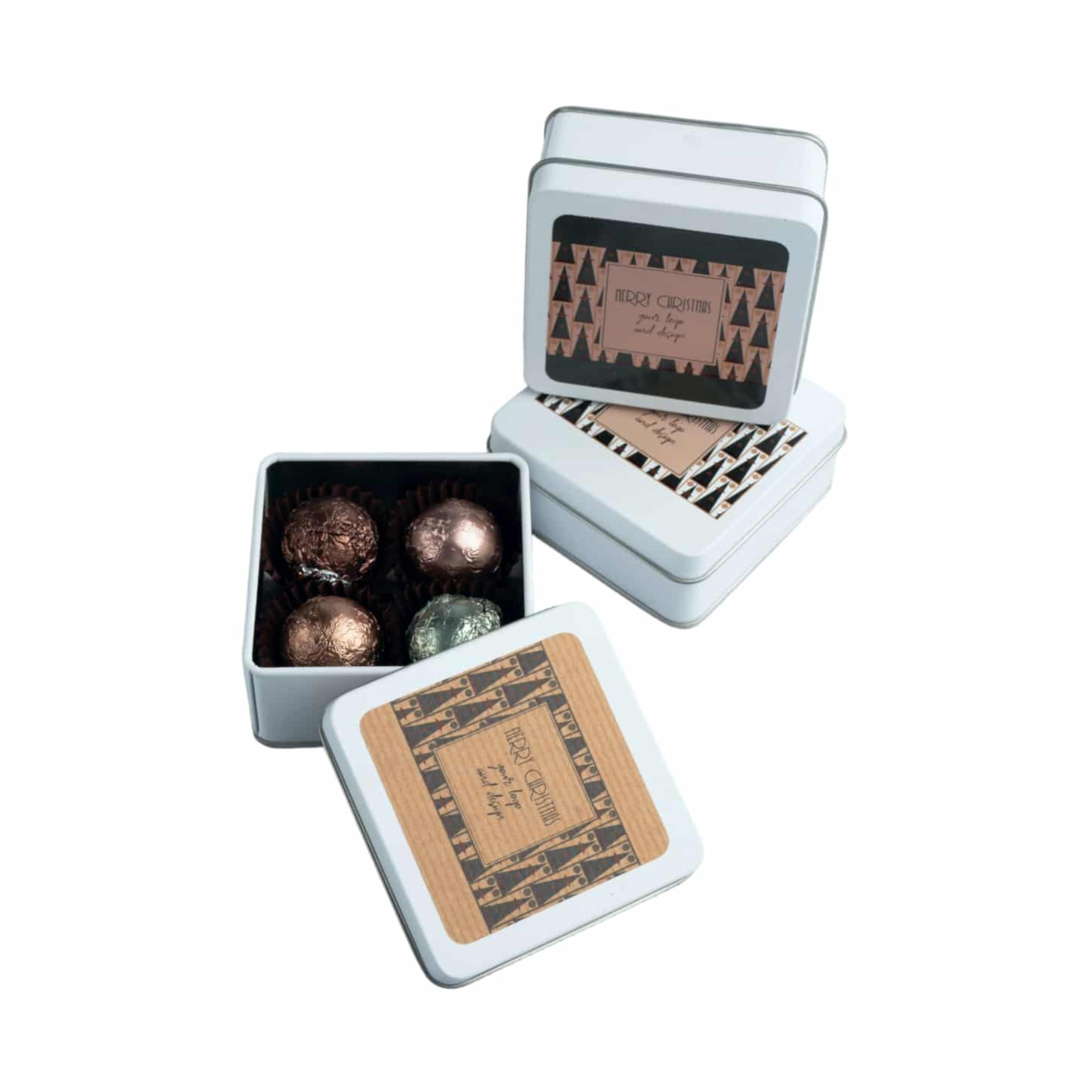 pralines set in a tin box 4 pcs with logo