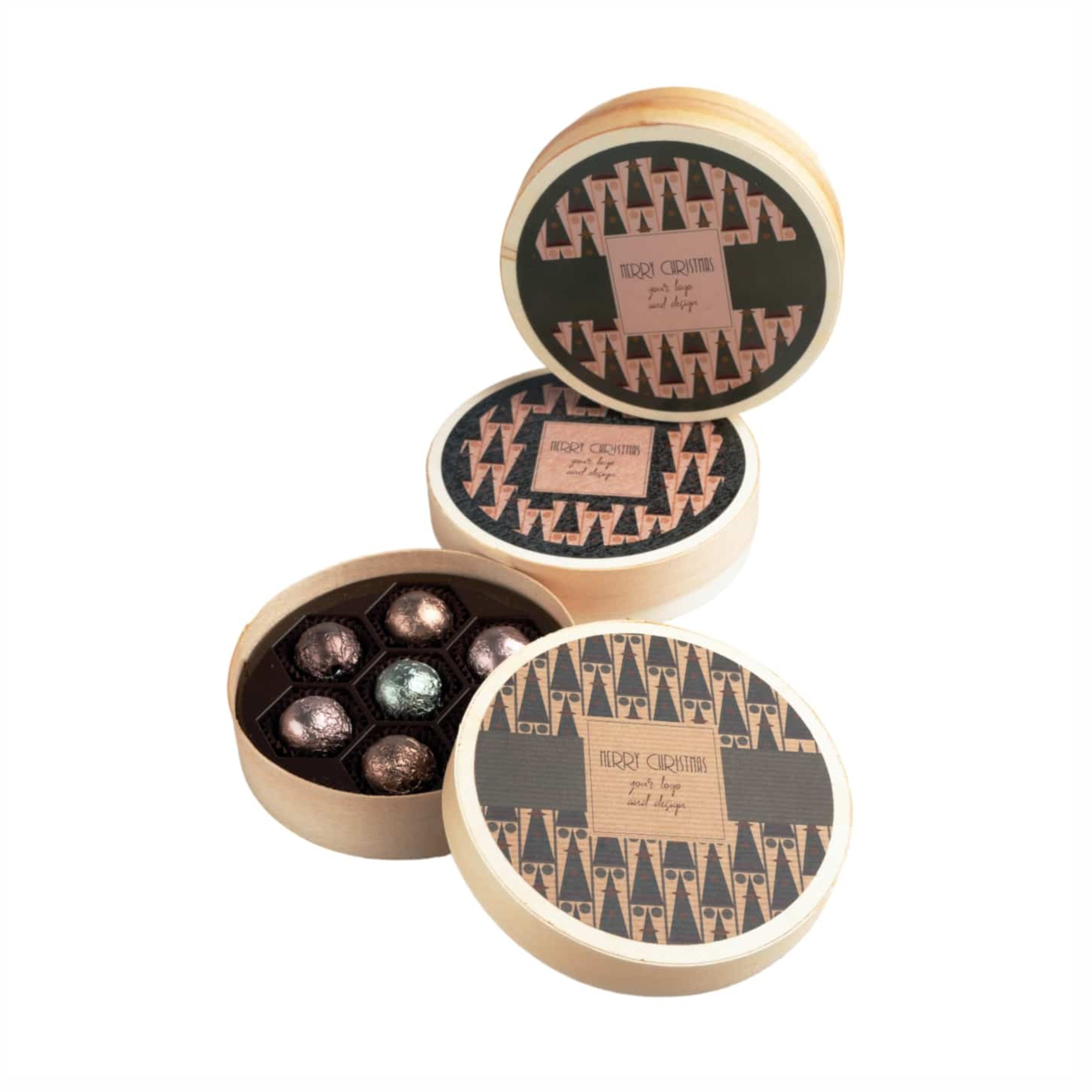 praline set 7 sphere in wooden box with logo