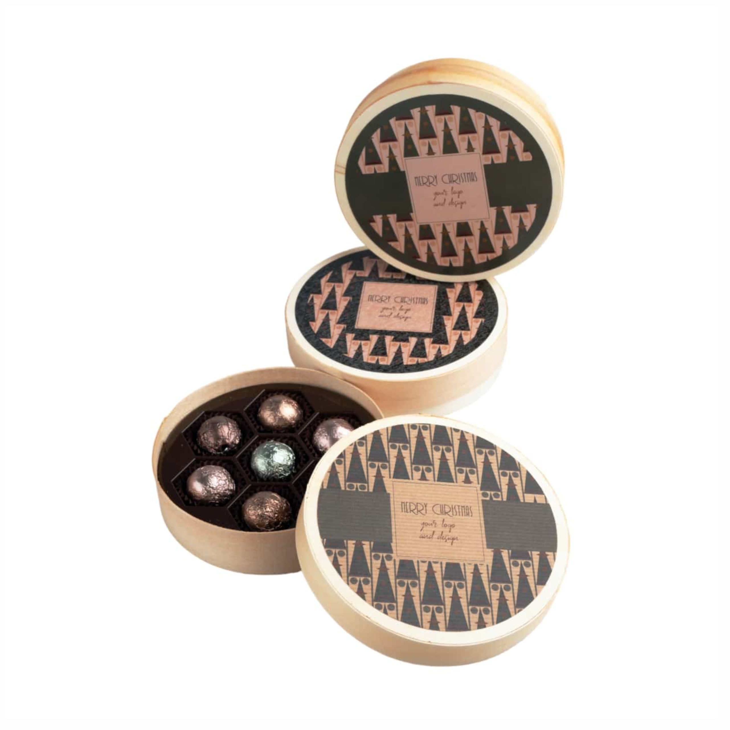 pralines set wooden box 7 pcs with logo